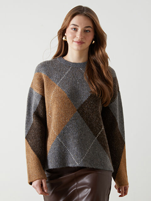 LCW Vision Bisiklet Yaka Baklava Desenli Oversize Kadın Triko Kazak - W4M097Z8-CT3