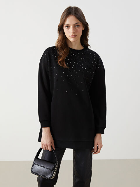 LCW Modest Bisiklet Yaka Taşlı Kadın Kalın Sweatshirt Tunik - W4M244Z8-CVL