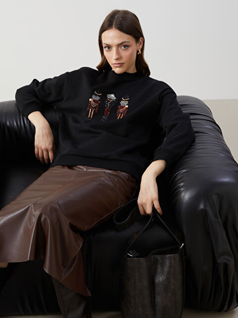 LCW Modest Bisiklet Yaka Baskılı Kadın Kalın Sweatshirt Tunik - W4M275Z8-CVL