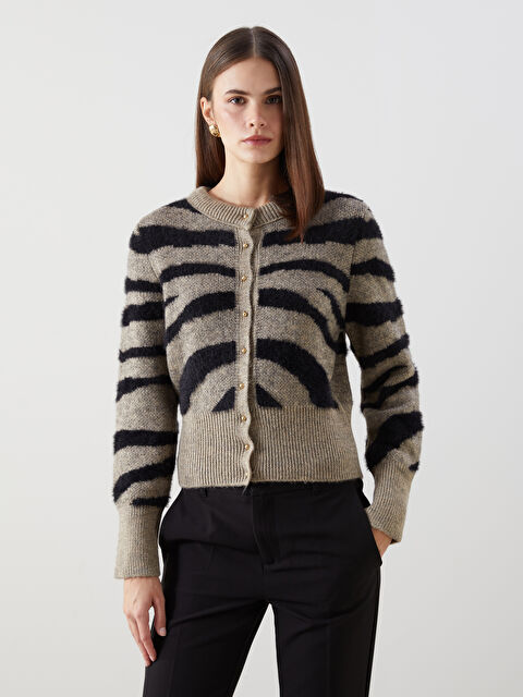 LCW Vision Bisiklet Yaka Desenli Kadın Triko Hırka - W4M391Z8-DFV