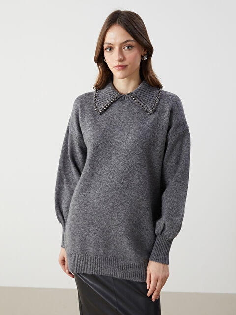 LCW Modest Polo Yaka Boncuk Detaylı Kadın Triko Tunik - W4M398Z8-CUZ