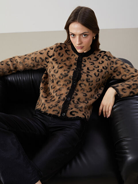 LCW Modest Bisiklet Yaka Leopar Desenli Kadın Triko Hırka - W4M400Z8-MJD