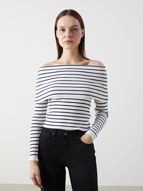 XSIDE Kayık Yaka Çizgili Kadın Triko Kazak - W4M614Z8-R9J