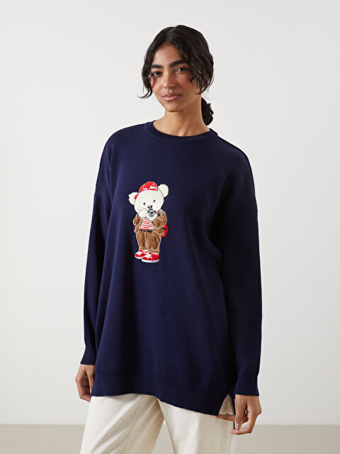 LCW Modest Ayı Teddy Nakışlı Oversize Kadın Triko Tunik - W4M733Z8-CUY