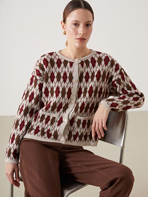 LCW Modest Bisiklet Yaka Baklava Desenli Kadın Triko Hırka - W4M860Z8-MHK