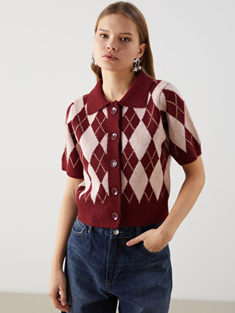 XSIDE Polo Yaka Baklava Desenli Kadın Triko Hırka - W4M977Z8-YYP