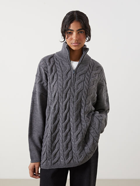 LCW Modest Bisiklet Yaka Kendinden Desenli Oversize Kadın Triko Tunik - W4MA54Z8-DKB