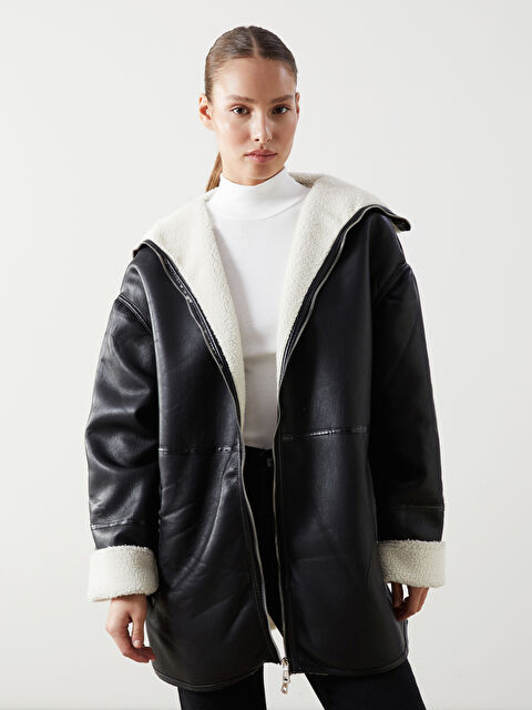 LCWAIKIKI Classic Dik Yaka Kadın Deri Görünümlü Mont - W4MB93Z8-CVL