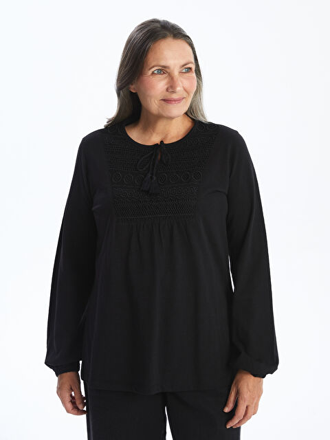 LCW Grace Tie Neck Embroidered Women's Blouse - S33710Z8-E1J