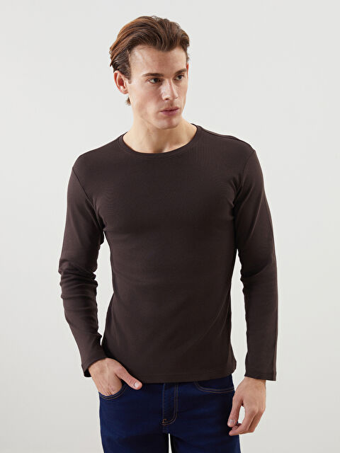 LCWAIKIKI Basic Bisiklet Yaka Uzun Kollu Penye Erkek Tişört - S50538Z8-HNM