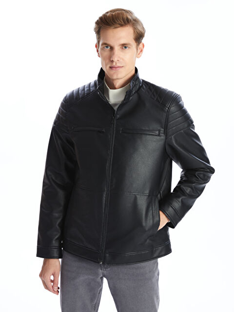 LCWAIKIKI Classic Standart Kalıp Dik Yaka Erkek Deri Görünümlü Ceket - S50568Z8-CVL