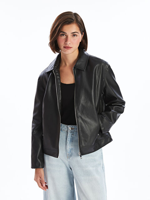 LCWAIKIKI Classic Gömlek Yaka Kadın Deri Görünümlü Ceket - S50710Z8-CVL