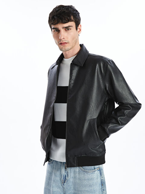 XSIDE Standart Kalıp Gömlek Yaka Erkek Deri Görünümlü Ceket - S51462Z8-CVL