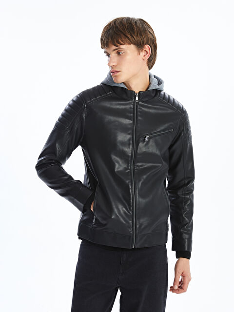 LCW Vision معطف جلد صناعي للرجال بقصة ضيقة مع غطاء للرأس - S51499Z8-CVL