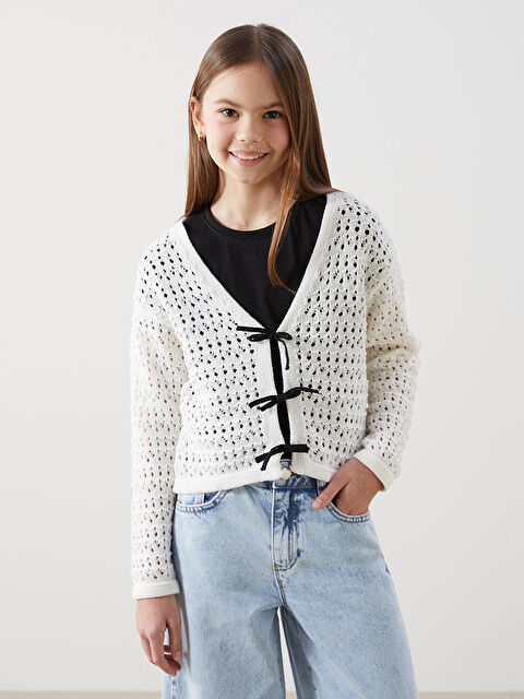 LCW Kids V Yaka Ajurlu Kız Çocuk Triko Hırka - S51651Z4-FDH