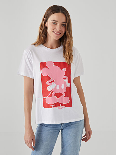 LCW Vision Bisiklet Yaka Mickey Mouse Baskılı Kadın Tişört - S52283Z8-Q6K