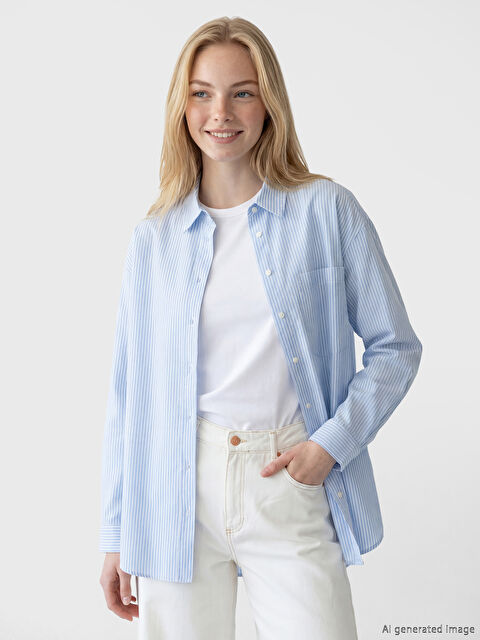 XSIDE Çizgili Keten Karışımlı Oversize Kadın Gömlek