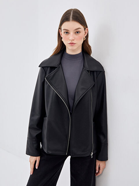 LCW Modest Biker Yaka Kadın Deri Görünümlü Ceket - S53351Z8-CVL