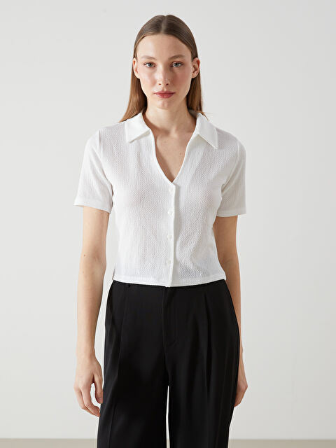 LCW Vision Әйелдерге арналған поло жағалы өрнексіз қысқартылған футболка - S54592Z8-R9J