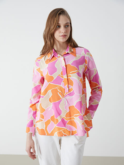 LCW Modest Collared Neck Patterned Women's Blouse - S54709Z8-LT4