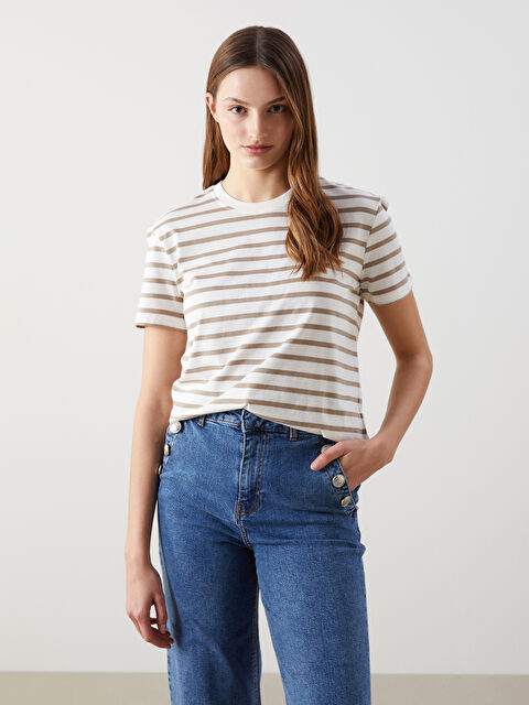 LCW Vision Bisiklet Yaka Çizgili Kadın Tişört - S54861Z8-GNL