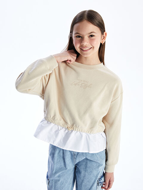 LCW Kids Bisiklet Yaka New York Baskılı Kız Çocuk Sweatshirt - S54921Z4-RMT