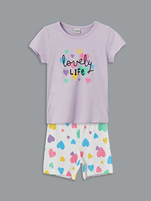 LCW Kids طقم بيجاما للبنات برقبة دائرية وكم قصير مطبوع مع شورت - S55002Z1-G0W