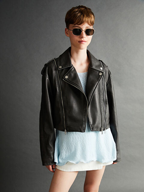 XSIDE Biker Yaka Kadın Deri Görünümlü Ceket - S56048Z8-CVL