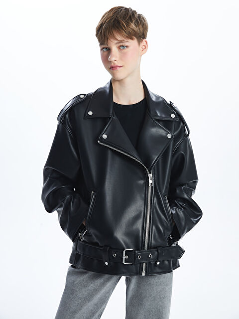 XSIDE Biker Yaka Oversize Kadın Deri Görünümlü Ceket - S56066Z8-CVL