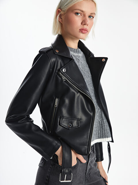 XSIDE Biker Yaka Kadın Deri Görünümlü Ceket - S56068Z8-CVL