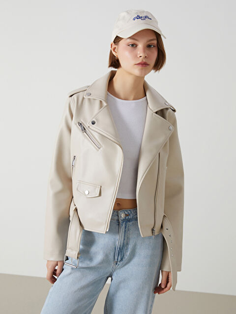 XSIDE Biker Yaka Kadın Deri Görünümlü Ceket - S56070Z8-R9J