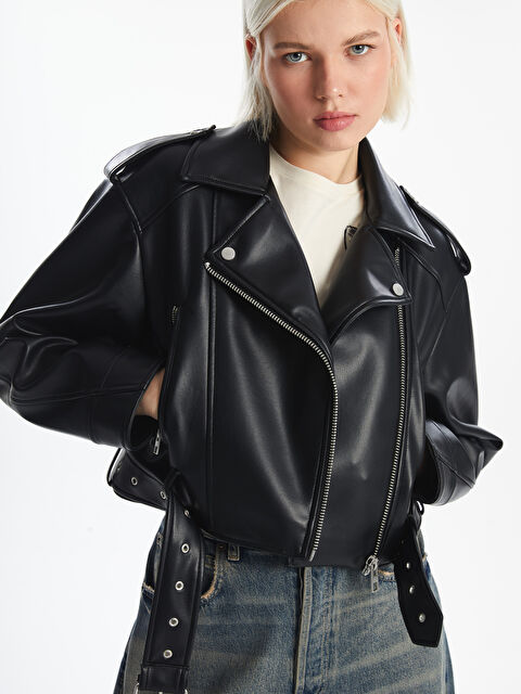 XSIDE Biker Yaka Crop Kadın Deri Görünümlü Ceket - S56078Z8-CVL