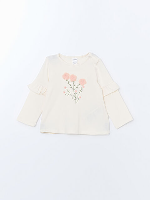 LCW baby Bisiklet Yaka Çiçekli Kız Bebek Tişört
