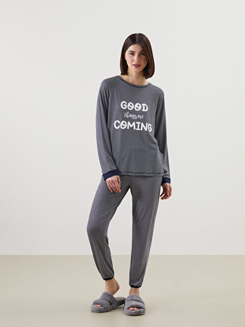 LCW DREAM Bisiklet Yaka Çizgili Kadın Pijama Takımı - S56896Z8-LGS