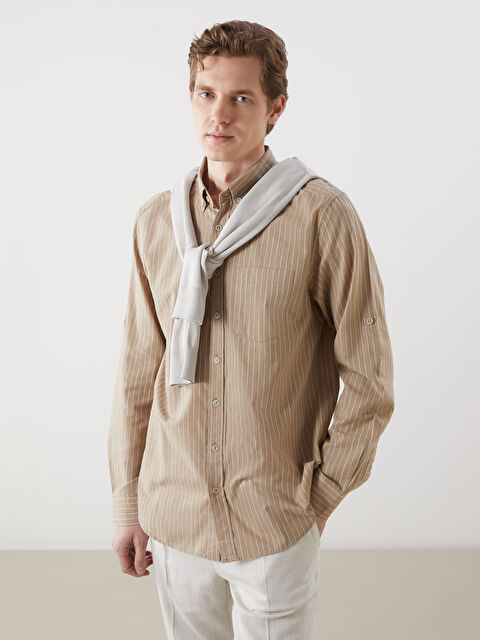 LCWAIKIKI Classic Regular Fit Uzun Kollu Çizgili Keten Karışımlı Erkek Gömlek - S57196Z8-LKM