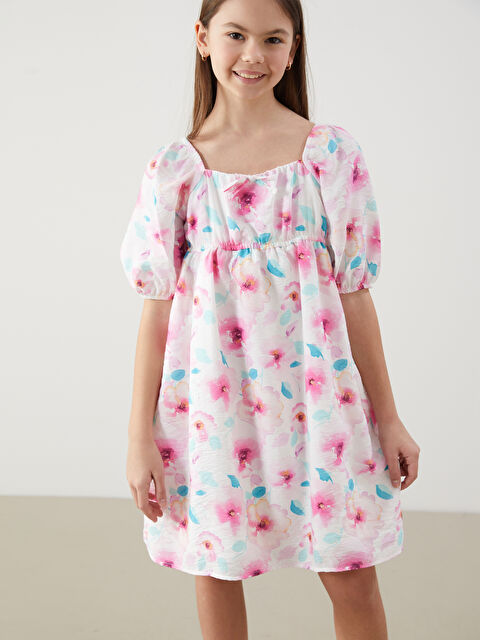 LCW Kids Kare Yaka Çiçekli Kız Çocuk Elbise - S59019Z4-LT4