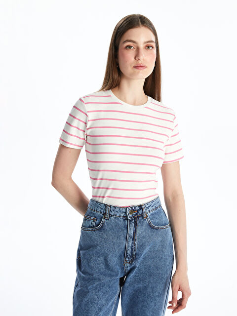 LCWAIKIKI Classic Bisiklet Yaka Çizgili Kadın Tişört - S5AG39Z8-LHK
