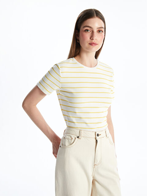 LCWAIKIKI Classic Bisiklet Yaka Çizgili Kadın Tişört - S5AG39Z8-LKF