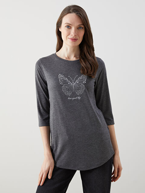 LCWAIKIKI Classic Bisiklet Yaka Baskılı Kadın Tişört - S5AH89Z8-D3A