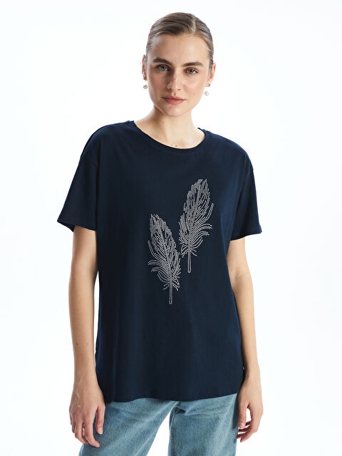 LCWAIKIKI Classic Crew Neck Rhinestone Embellished Women's T-Shirt - S5AO56Z8-E1J