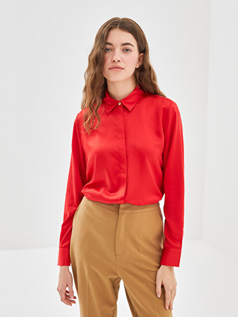 LCW Vision Loose Fit Ruched Women's Satin Shirt - S5BK61Z8-CRT