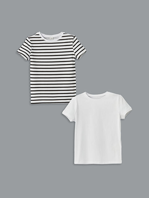 LCW Kids Bisiklet Yaka Çizgili Penye Kız Çocuk Tişört 2'li - S5CD21Z4-LEG