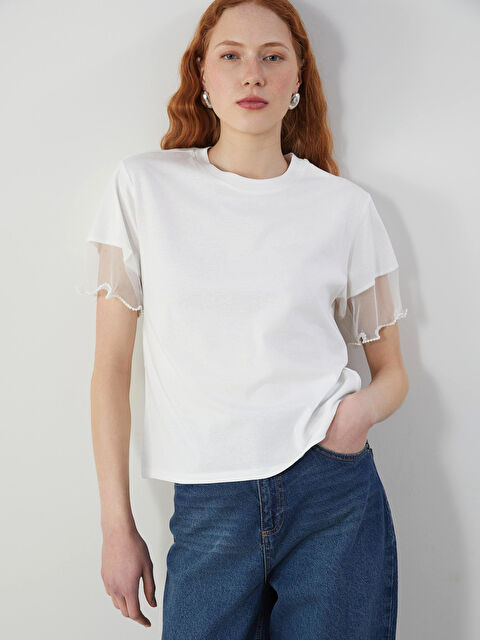 LCW Vision Bisiklet Yaka Boncuk İşlemeli Kadın Tişört - S5CU16Z8-R9J