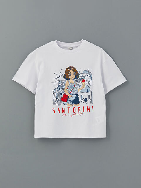 LCW Kids قميص بنات مطبوع سانتوريني كول مدور قطن ممشط - S5DE12Z4-Q6K