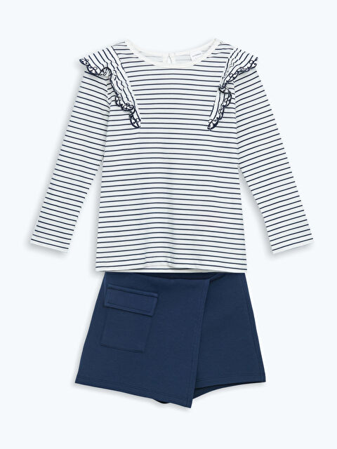 LCW Kids Fırfırlı Çizgili Kız Çocuk Tişört ve Şort Etek 2'li - S5DG66Z1-LGS