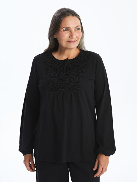 LCW Grace Women's Tie Neck Embroidered Blouse - S5DG82Z8-CVL