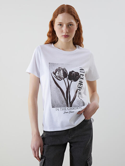 LCW Vision Bisiklet Yaka Baskılı Penye Kadın Tişört - S5DI92Z8-Q6K