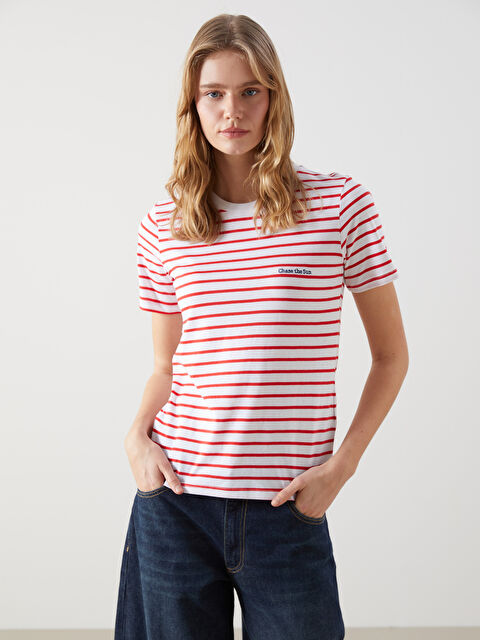 LCW Vision Bisiklet Yaka Çizgili Kadın Tişört - S5DJ24Z8-E48