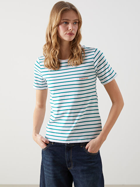 LCW Vision Bisiklet Yaka Çizgili Kadın Tişört - S5DJ26Z8-LFM