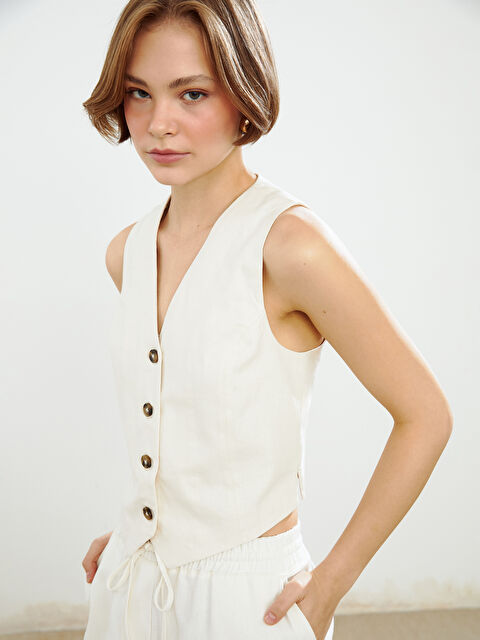 XSIDE صدرية بدلة من مزيج الكتان بأزرار وفتحة رقبة على شكل حرف V للسيدات - S5DL54Z8-VHM